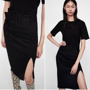 Zara Short Sleeve Pencil Contrasting Belt Tshirt Dress Black size S